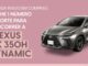 Banner publicitário com fundo rosa contendo um SUV Lexus NX 350h Dynamic prateado e texto informando que a cada R$500 em compras o cliente ganha um número da sorte para concorrer ao carro.