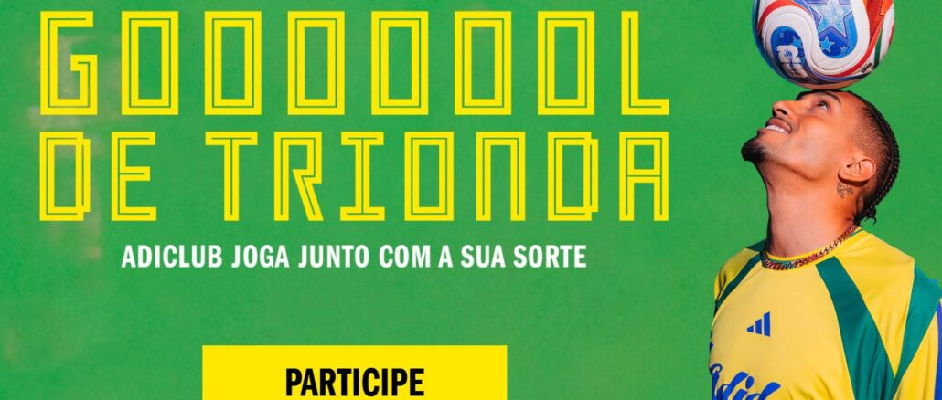 PROMOÇÃO GOL DE TRIONDA ADICLUB ADIDAS Imagem promocional do adiclub com fundo verde, apresentando o texto GOOOOOOOL DE TRIONDA e um homem equilibrando uma bola de futebol colorida na testa.