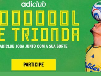 Imagem promocional do adiclub com fundo verde, apresentando o texto GOOOOOOOL DE TRIONDA e um homem equilibrando uma bola de futebol colorida na testa.