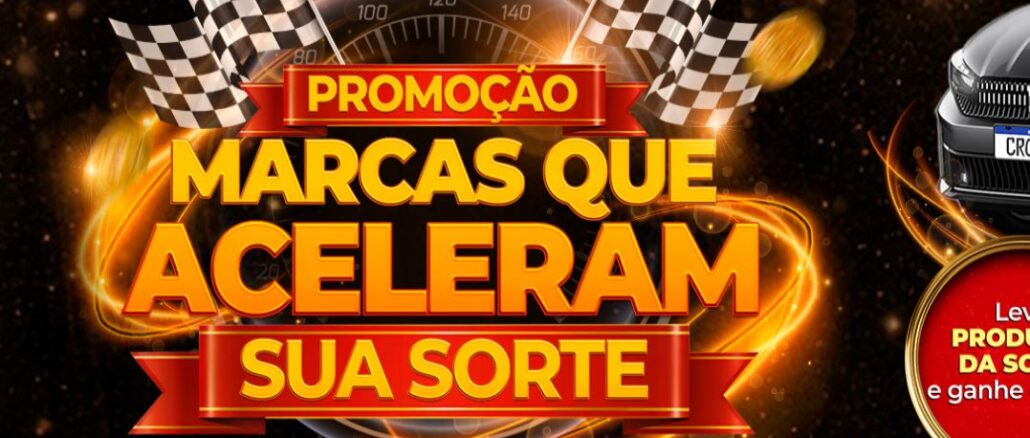 Cartaz da promoção Marcas que Aceleram sua Sorte com elementos visuais de corrida como velocímetro e bandeiras quadriculadas em tons de dourado e vermelho sobre fundo escuro.
