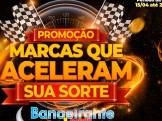 Cartaz da promoção Marcas que Aceleram sua Sorte com elementos visuais de corrida como velocímetro e bandeiras quadriculadas em tons de dourado e vermelho sobre fundo escuro.
