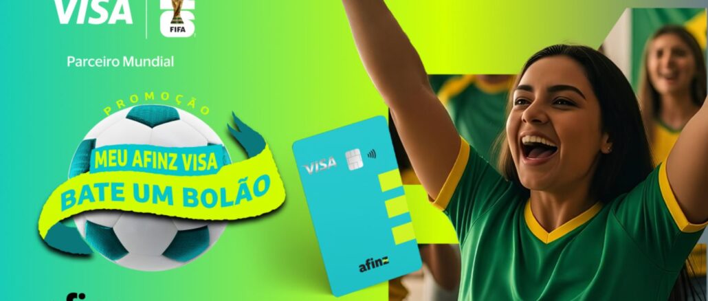 Peça publicitária da promoção Meu Afinz Visa Bate um Bolão com uma torcedora comemorando ao lado de um cartão de crédito e uma bola de futebol.