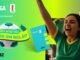 Peça publicitária da promoção Meu Afinz Visa Bate um Bolão com uma torcedora comemorando ao lado de um cartão de crédito e uma bola de futebol.