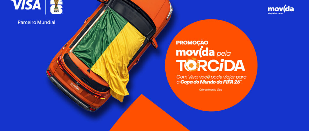 PROMOÇÃO MOVIDA PELA TORCIDA Banner digital com fundo azul exibindo um carro laranja com a bandeira do Brasil sobre o teto ao lado de um círculo laranja com informações sobre a promoção Movida pela Torcida para a Copa do Mundo da FIFA 26.