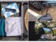 Montagem de tres fotografias que mostram a preparaçao para uma viagem, incluindo uma mala aberta com roupas e acessorios, a mesma mala ao lado de um carro e a visao de uma estrada arborizada pelo retrovisor.