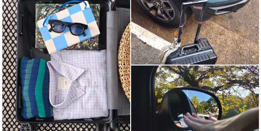 Montagem de tres fotografias que mostram a preparaçao para uma viagem, incluindo uma mala aberta com roupas e acessorios, a mesma mala ao lado de um carro e a visao de uma estrada arborizada pelo retrovisor.
