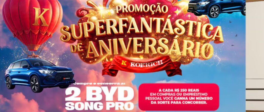 Banner publicitário da Promoção Superfantástica de Aniversário Koerich apresentando dois carros BYD Song Pro azuis em um cenário festivo com nuvens rosadas, corações e um balão de ar quente.