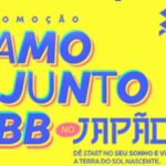 Banner publicitário com fundo amarelo e texto colorido anunciando a Promoção Tamo Junto BB no Japão, contendo o logotipo do Banco do Brasil no canto superior direito.