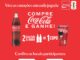 Peça publicitária da Coca-Cola com fundo vermelho. Exibe uma garrafa de vidro de um litro, a frase compre Coca-Cola e ganhe, e a explicação de que duas garrafas dão direito a um copo colecionável.
