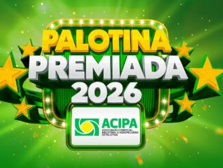 Arte gráfica da campanha Palotina Premiada 2026 com elementos em 3D e o logotipo da ACIPA sobre um fundo verde vibrante e iluminado.