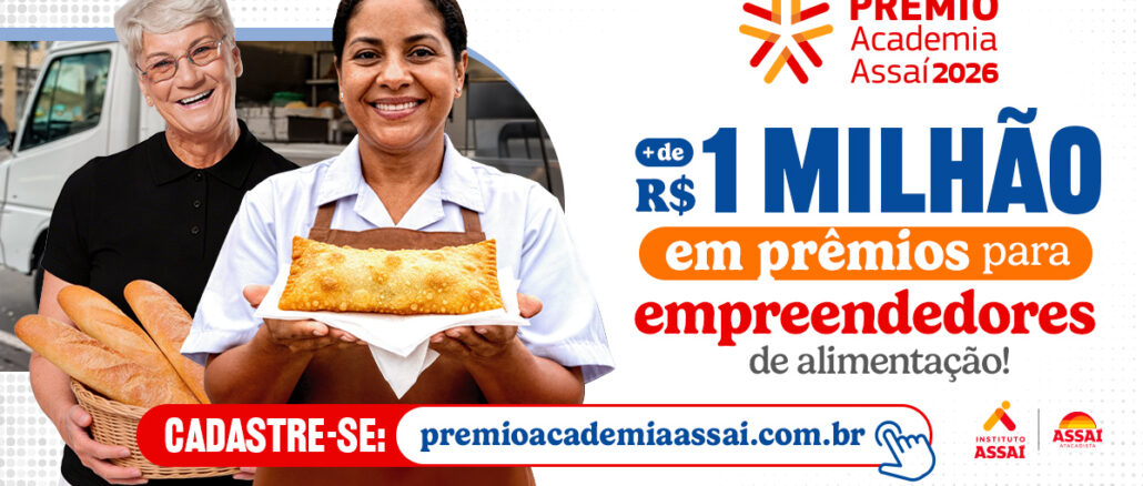 Prêmio Academia Assai 2026 Duas mulheres sorridentes, uma segurando uma cesta de pães e outra um pastel grande, ao lado de um texto publicitário sobre o Prêmio Academia Assaí 2026 que oferece mais de R$1.000.000,00 em prêmios.