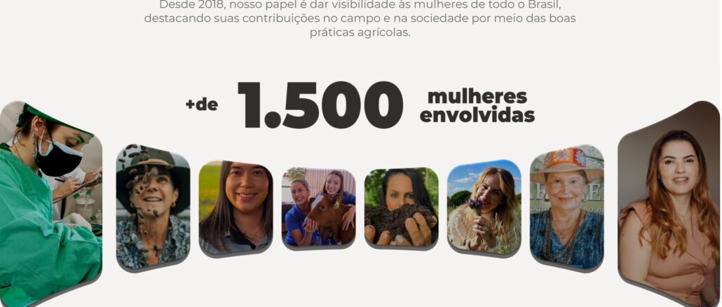 Banner do Prêmio Mulheres do Agro com fundo claro destacando a participação de mais de 1.500 mulheres e uma galeria de fotos de profissionais do agronegócio em campo e laboratórios.