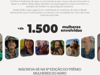 Banner do Prêmio Mulheres do Agro com fundo claro destacando a participação de mais de 1.500 mulheres e uma galeria de fotos de profissionais do agronegócio em campo e laboratórios.