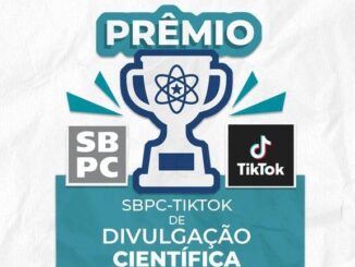 Selo do Prêmio SBPC-TikTok de Divulgação Científica com ilustração de troféu e símbolos de ciência e redes sociais.