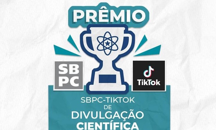 Prêmio SBPC TikTok Divulgação Cientifica Selo do Prêmio SBPC-TikTok de Divulgação Científica com ilustração de troféu e símbolos de ciência e redes sociais.