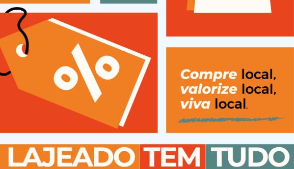 Design gráfico promocional com blocos de cores em laranja, vermelho e azul. A imagem contém a ilustração de uma etiqueta de preço com símbolo de porcentagem e os textos Compre local, valorize local, viva local e Lajeado tem tudo.