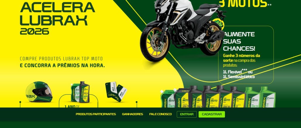 Banner da Promoção Acelera Lubrax 2026 mostrando uma moto esportiva, frascos de óleo lubrificante e prêmios como capacete e combustível em fundo verde e amarelo.