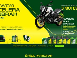 Banner da Promoção Acelera Lubrax 2026 mostrando uma moto esportiva, frascos de óleo lubrificante e prêmios como capacete e combustível em fundo verde e amarelo.