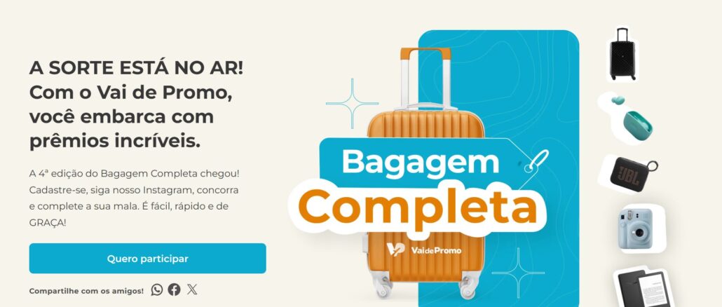Banner publicitário da promoção Bagagem Completa com uma mala laranja ao centro e diversos prêmios eletrônicos expostos lateralmente.