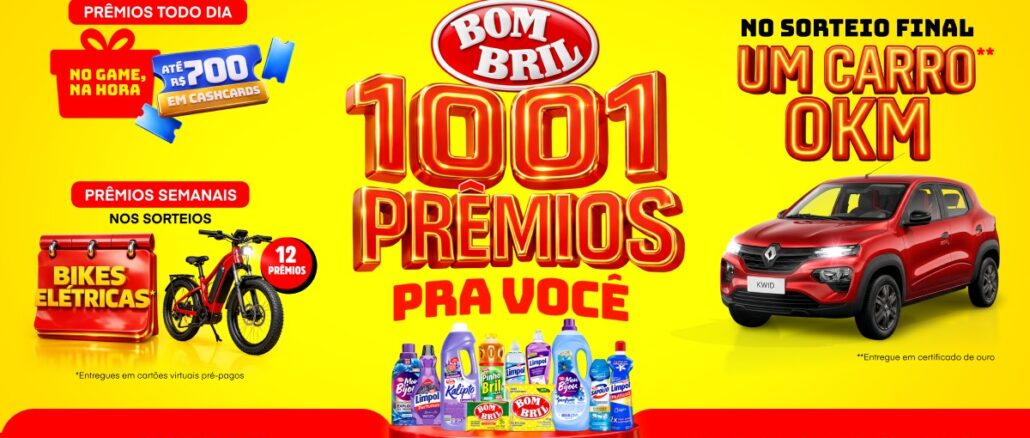 Banner da Promoção Bom Bril 1001 Prêmios Pra Você com fundo amarelo, exibindo prêmios diários de até R$700 em cashcards, bicicletas elétricas e um carro 0km.