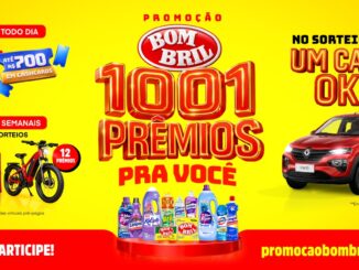 Banner da Promoção Bom Bril 1001 Prêmios Pra Você com fundo amarelo, exibindo prêmios diários de até R$700 em cashcards, bicicletas elétricas e um carro 0km.