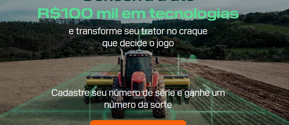 Promoção Camisa 10 da Safra Banner publicitário com um trator vermelho em um campo agrícola sob uma grade digital verde. O texto anuncia a chance de ganhar R$100mil em tecnologias.