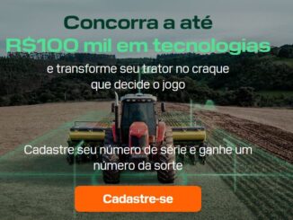 Banner publicitário com um trator vermelho em um campo agrícola sob uma grade digital verde. O texto anuncia a chance de ganhar R$100mil em tecnologias.