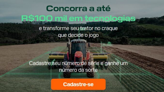 Banner publicitário com um trator vermelho em um campo agrícola sob uma grade digital verde. O texto anuncia a chance de ganhar R$100mil em tecnologias.