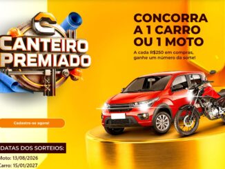 Imagem promocional da campanha Canteiro Premiado com fundo amarelo e dourado. Do lado esquerdo está o logotipo tridimensional da promoção, um botão laranja de cadastro e as datas dos sorteios da moto e do carro. Do lado direito, os textos informam que a cada R$250 em compras o cliente ganha um número da sorte para concorrer aos prêmios. Na parte inferior, um carro vermelho e uma moto preta estão posicionados sobre uma base circular dourada.