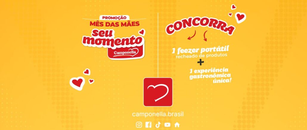 Promoção Dia das Mães - Seu Momento Camponella em Goiás Banner promocional da Camponella para o Mes das Maes, com fundo amarelo vibrante, corações decorativos e destaque para os premios: um freezer portatil recheado de produtos e uma experiencia gastronomica unica.
