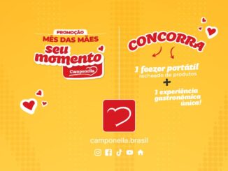 Banner promocional da Camponella para o Mes das Maes, com fundo amarelo vibrante, corações decorativos e destaque para os premios: um freezer portatil recheado de produtos e uma experiencia gastronomica unica.