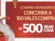 Banner promocional com fundo vermelho e detalhes dourados. À esquerda, uma esfera de vidro transparente contém uma caixa de presente vermelha. O texto anuncia o sorteio de 160 vales-compras de R$500,00 cada.