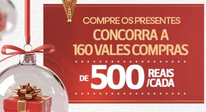 Promoção Dia das Mães Shopping Parque Balneário Santos 2026 Banner promocional com fundo vermelho e detalhes dourados. À esquerda, uma esfera de vidro transparente contém uma caixa de presente vermelha. O texto anuncia o sorteio de 160 vales-compras de R$500,00 cada.