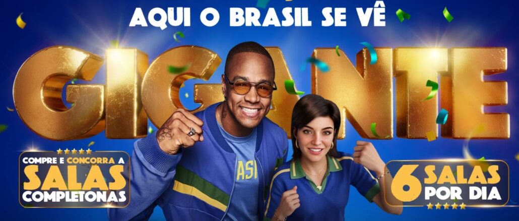 Imagem promocional com um homem e uma mulher sorridentes à frente da palavra GIGANTE em letras douradas. O fundo azul possui confetes nas cores verde e amarela e informações sobre o sorteio de salas completas.