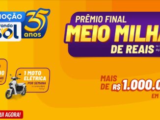 Banner promocional de 35 anos da Girando Sol com fundo amarelo. O anúncio destaca prêmios em dinheiro via PicPay, incluindo um prêmio final de meio milhão de reais, motos elétricas e valores diários de até R$700,00.