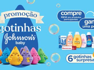 Peça publicitária da promoção Gotinhas Johnson's Baby apresentando diversos produtos da marca e pelúcias colecionáveis em formato de gotas coloridas sobre um fundo azul com bolhas de sabão.