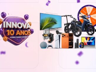 Banner festivo de 10 anos da Innova com logotipo em escudo roxo à esquerda e uma vitrine de prêmios como motos, TV, celulares e notebooks à direita.