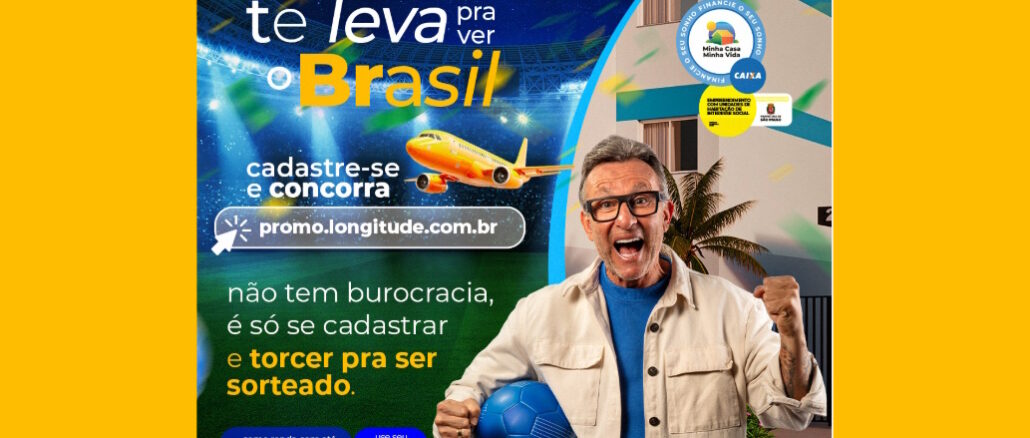 Banner publicitário da Longitude apresentando uma promoção para viajar pelo Brasil. A imagem exibe o ex-jogador e apresentador Neto segurando uma bola de futebol azul e comemorando. Ao fundo, aparecem um avião em voo, um estádio de futebol iluminado e a fachada de um edifício residencial. O anúncio contém informações sobre condições facilitadas para aquisição de imóveis e selos de programas habitacionais.