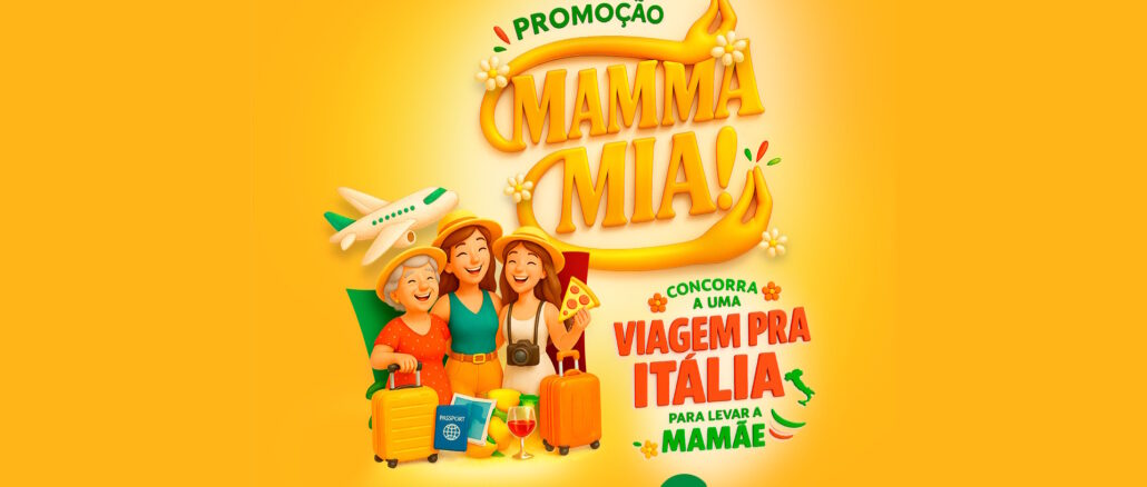 Anúncio publicitário da Promoção Mamma Mia dos Supermercados Covabra com fundo amarelo. A imagem destaca a oportunidade de ganhar uma viagem para a Itália para levar a mãe. Três mulheres de diferentes gerações aparecem sorridentes ao lado de malas, um avião de brinquedo, passaporte, pizza e vinho. O texto informa que a cada R$120,00 em compras o cliente ganha um cupom. Logotipos de marcas parceiras aparecem na parte inferior.