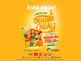 Anúncio publicitário da Promoção Mamma Mia dos Supermercados Covabra com fundo amarelo. A imagem destaca a oportunidade de ganhar uma viagem para a Itália para levar a mãe. Três mulheres de diferentes gerações aparecem sorridentes ao lado de malas, um avião de brinquedo, passaporte, pizza e vinho. O texto informa que a cada R$120,00 em compras o cliente ganha um cupom. Logotipos de marcas parceiras aparecem na parte inferior.