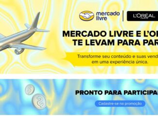 Banner promocional com o título Mercado Livre e L'Oréal te levam para Paris, apresentando a imagem de um avião prateado e um botão de cadastro para a promoção sobre um fundo fluido em tons de amarelo e azul.