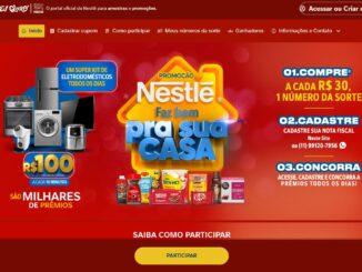 Banner publicitário da promoção Nestlé Faz Bem pra sua Casa. A imagem apresenta um fundo vermelho com elementos gráficos em amarelo e azul. No lado esquerdo, estão ilustrados eletrodomésticos como geladeira, fogão e máquina de lavar, além do anúncio de cartões virtuais de R$100. Ao centro, aparecem diversos produtos Nestlé e o logotipo da campanha. No lado direito, as instruções explicam que a cada R$30 em compras o consumidor ganha um número da sorte para cadastrar e concorrer.