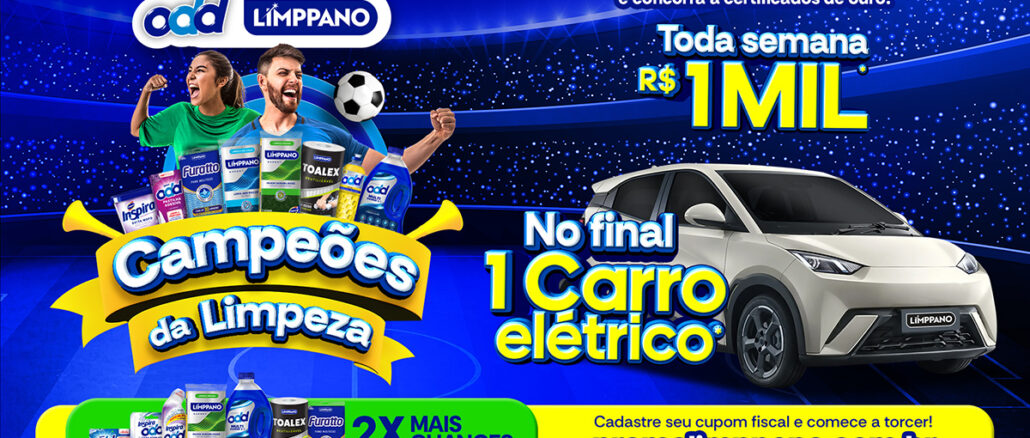 Promoção Odd Limppano 2026 Banner promocional da campanha Campeões da Limpeza das marcas Odd e Limppano. A imagem mostra dois torcedores vibrando em um estádio de futebol cercados por produtos de limpeza, com anúncios de prêmios de R$1MIL semanais e um carro elétrico.
