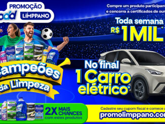 Banner promocional da campanha Campeões da Limpeza das marcas Odd e Limppano. A imagem mostra dois torcedores vibrando em um estádio de futebol cercados por produtos de limpeza, com anúncios de prêmios de R$1MIL semanais e um carro elétrico.