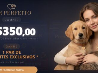 Banner publicitário da PremierPet com uma mulher e seus animais de estimação usando pingentes combinando. O texto indica que compras de R$350,00 dão direito a um par de pingentes exclusivos da campanha Par Perfeito.