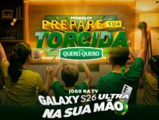 Anúncio da promoção Prepare Sua Torcida das Lojas Quero-Quero mostrando uma família vibrando em frente à televisão com confetes e prêmio Galaxy S26 Ultra.