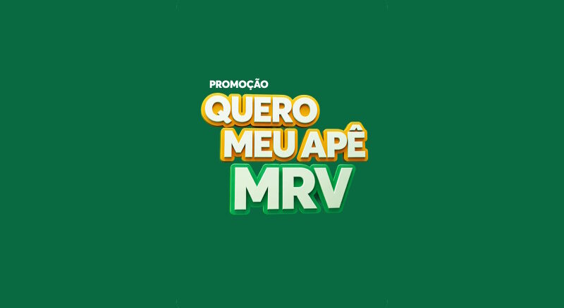 Logotipo da promoção Quero Meu Apê MRV sobre um fundo verde escuro. O texto central é composto por letras em 3D nas cores branco, amarelo e verde.