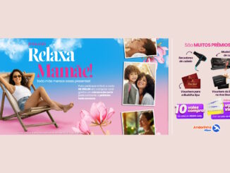 Banner promocional da campanha Relaxa Mamãe do Andorinha Hiper com uma mulher relaxando em uma cadeira de praia e detalhes sobre prêmios semanais.