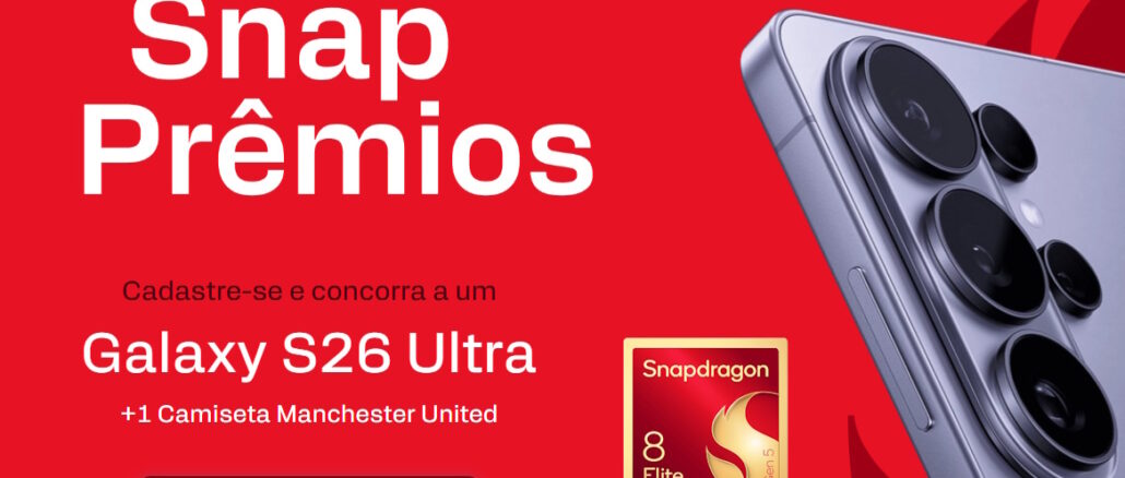 Banner promocional da campanha Snap Prêmios com fundo vermelho, exibindo a lateral de um smartphone Galaxy S26 Ultra, o selo do processador Snapdragon 8 Elite e informações sobre o sorteio de uma camiseta do Manchester United.
