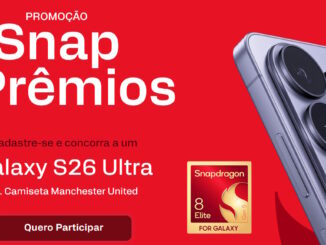Banner promocional da campanha Snap Prêmios com fundo vermelho, exibindo a lateral de um smartphone Galaxy S26 Ultra, o selo do processador Snapdragon 8 Elite e informações sobre o sorteio de uma camiseta do Manchester United.